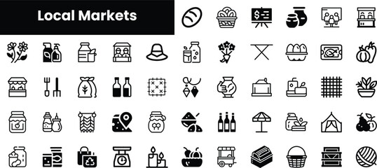 A diverse collection of monochrome icons representing local markets, featuring food items, plants, and vendor setups, showcasing community engagement and commerce.