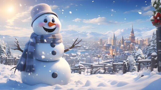 A happy snowman enjoys a snowy winter day with a city view and falling snow. - Powered by Adobe