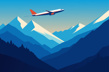 Fototapeta premium A sleek blue and white airplane soars majestically over a breathtaking mountain range at sunset