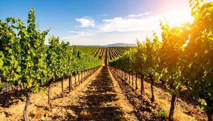 Fototapeta premium Scenic vineyard landscape with rows of grapevines under a bright sky and golden sunlight