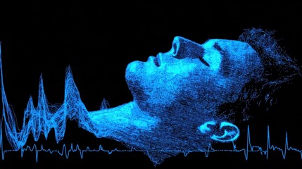 Graphical representation of sleep apnea episodes showing nighttime airway collapse and corresponding oxygen level dips in cyan.