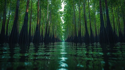 Lush Mangrove Forest Pathway Through Still Water