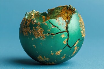 A cracked green egg with a textured surface and gold accents sits against a blue background. The egg appears weathered and aged, showcasing intricate details.
