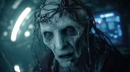 Close-up of a grotesque, technologically enhanced human face.
