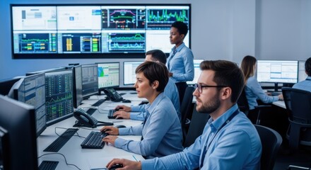 A diverse group of professionals working in a high-tech office environment, focused on monitoring and analyzing data on multiple computer screens.