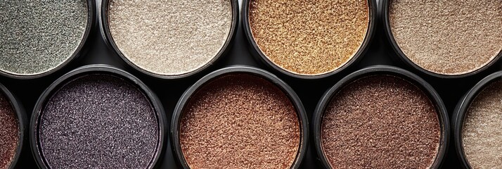 Fototapeta premium Collection of Shimmering Eyeshadow Pans Showcasing a Variety of Colors in Diffused Light With a Minimalistic Backdrop