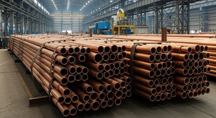 A large stack of copper pipes in a warehouse with industrial equipment in the background.