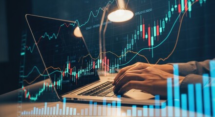 A person typing on a laptop with a financial graph overlay.