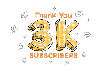 Thank you for 3000 subscribers cartoon style, 3k subscribers celebration greeting vector illustration