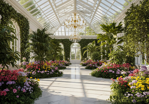 An opulent and sun-drenched glass conservatory filled with an abundance of lush green plants and vibrant flowering bushes in various colors, featuring a grand chandelier and elegant white archways.