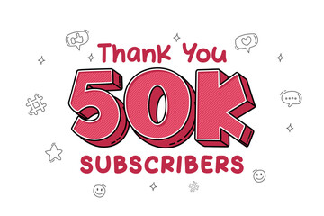 Thank you for 50000 subscribers cartoon style, 50k subscribers celebration greeting vector illustration