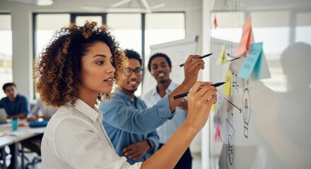 A diverse group of individuals engaged in a brainstorming session in a modern office setting.