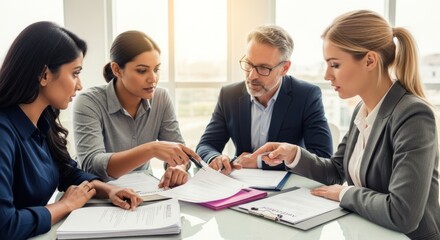 Four business professionals discussing documents in a modern office setting.