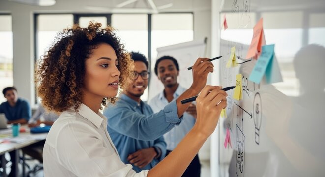 A diverse group of individuals engaged in a brainstorming session in a modern office setting.