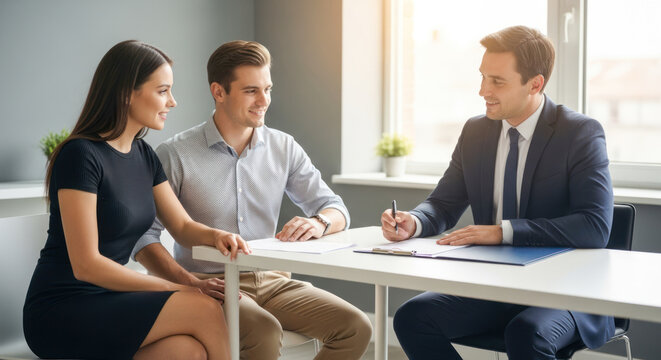 A couple discussing with a financial advisor in an office setting. - Powered by Adobe