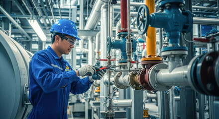 A male engineer wearing a blue uniform and hard hat, working on a complex industrial pipeline system in a large, industrial facility.