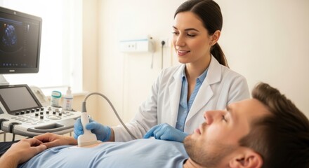 Obraz premium A female doctor examining a male patient with an ultrasound machine in a medical office.