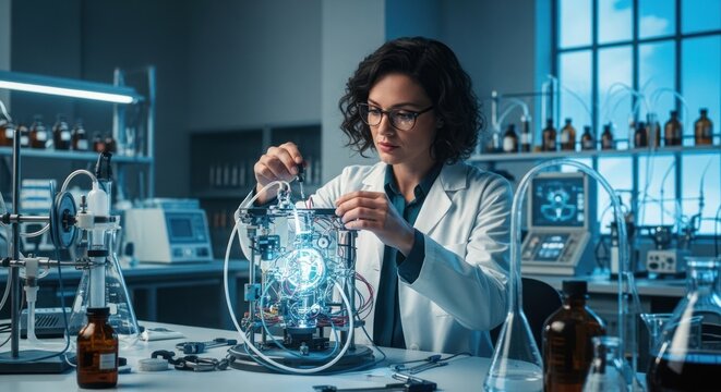 A female scientist in a lab coat working with a futuristic, transparent, mechanical device in a laboratory setting.