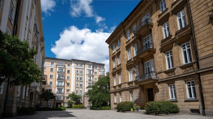 Fototapeta premium Exploring urban architecture city courtyard photo modern environment wide angle urban aesthetics