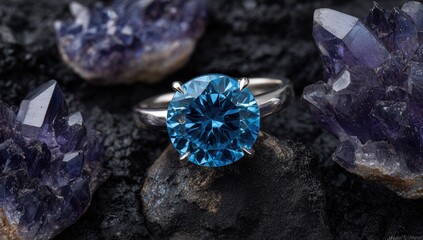 Blue gemstone ring, dark crystals