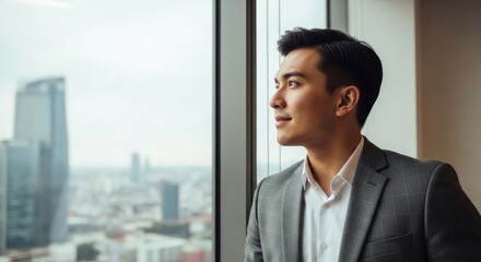 Fototapeta premium A man in a suit looking out of a window with a cityscape in the background.