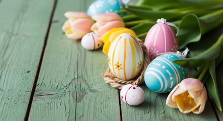 Spring holiday composition with festive Easter eggs and beautiful tulips on a vintage green wooden surface.