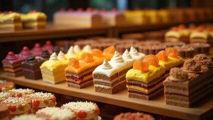 A Delicious Display of Assorted Cakes and Pastries on Shelves