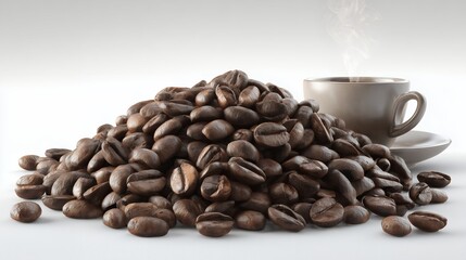 Fototapeta premium A close-up of dark roasted coffee beans in a white cup with a saucer, perfect for a morning caffeine boost