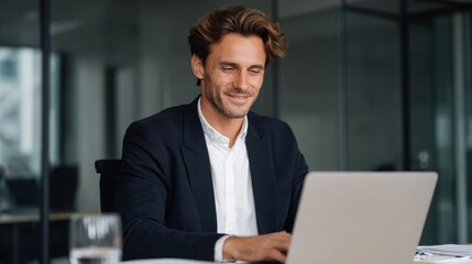 Fototapeta premium Productive business meeting young professional working on laptop in modern office environment