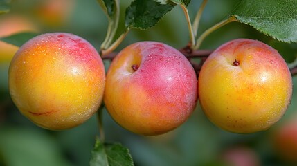 Dew-Kissed Trio: Vibrant Yellow-Red Plums on Branch