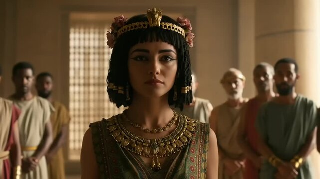 Cleopatra in royal attire surrounded by advisors in palace