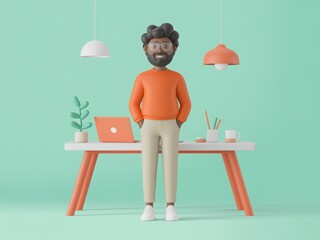 Young person character working on laptop in modern minimalist workspace illustration