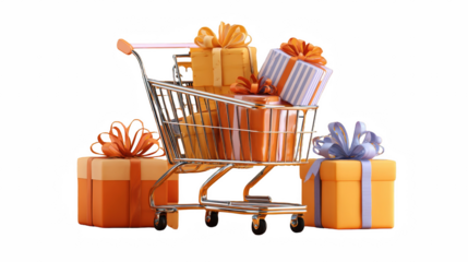 A shopping cart filled with gift boxes and additional gifts around it on black background