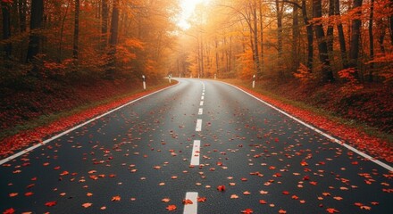 autumn road through forest with scattered red leaves and bright light