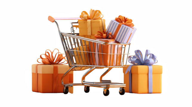 A shopping cart filled with gift boxes and additional gifts around it on black background