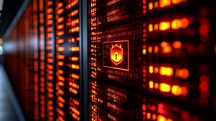 Secured Data Center: Server Room with Binary Code and Cyber Security Shield - Powered by Adobe