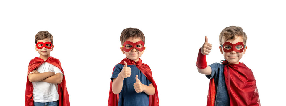 Collection of little boy wearing superhero red cape and mask front view isolate on transparency background