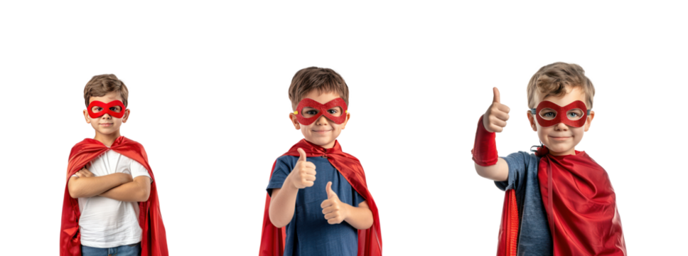 Collection of little boy wearing superhero red cape and mask front view isolate on transparency background - Powered by Adobe
