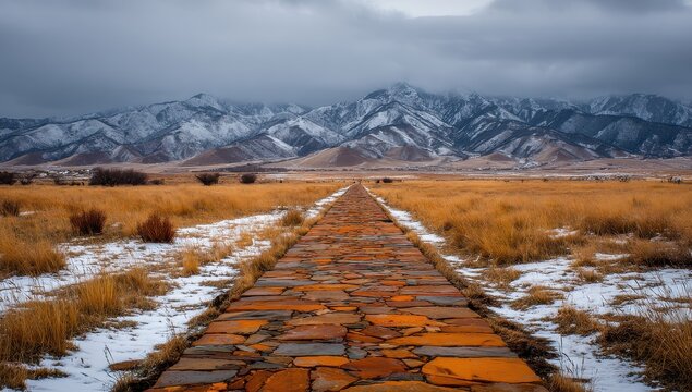 Walkway in field with snow-capped mountains travel blog, inspiration, landscape - Powered by Adobe