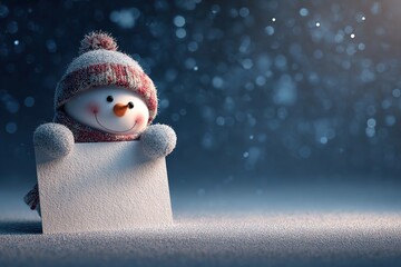A cheerful snowman with a red and white striped hat holds a blank sign in a snowy landscape. Snowflakes gently fall in the background, creating a winter atmosphere.