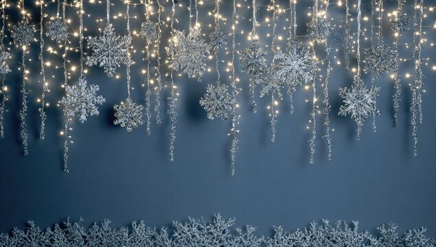 Silver snowflakes & warm lights hang against a dark blue backdrop