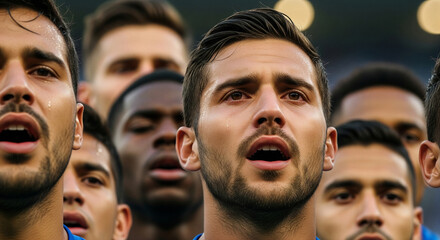 Passionate soccer team singing national anthem with emotion during championship game, tearful expressions