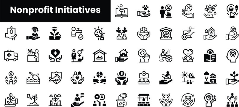 A collection of minimalist icons representing various nonprofit initiatives, showcasing themes of health, education, environment, and community support in a monochrome design.