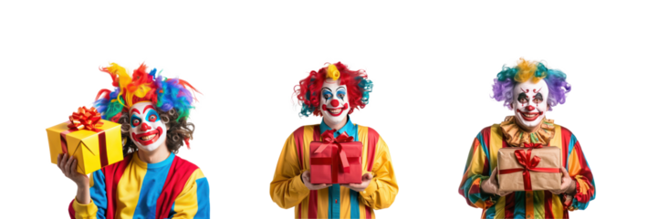 Collection of Smiling clown person holding a gift box side view isolate on transparency background