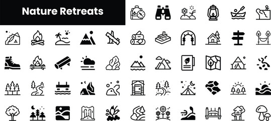 A collection of minimalist icons depicting various nature retreat activities such as camping, hiking, and relaxation, perfect for outdoor enthusiasts and nature lovers.