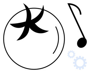 Musical note, bold circular pattern with dynamic lines, streamline gears combine art and mechanics. Ideal for music, innovation, creativity, abstract concepts, minimal design, technology-inspired