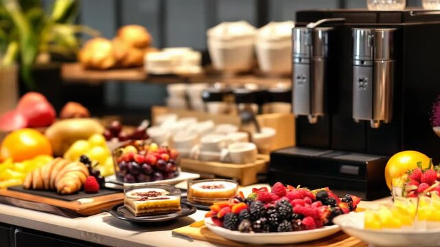 Gourmet breakfast buffet featuring fresh fruits and pastries in a modern dining area
