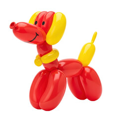 A cheerful red and yellow balloon dog figure, skillfully twisted into a playful pose, perfect for celebrations and children themes.