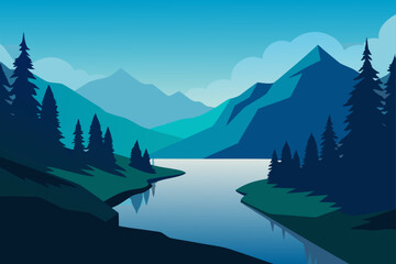 Serene mountain lake landscape with pine trees and layered blue peaks