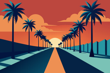 Vibrant sunset over a palm tree lined road leading towards the horizon